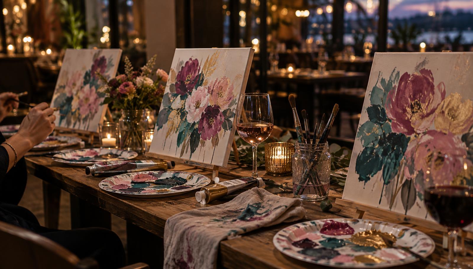 A paint night table covered with canvases, brushes and paint